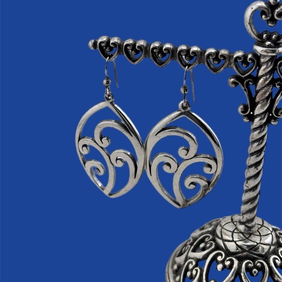 Brighton Silver Heart Drop Earrings with Swirling Design - Picture 3 of 6